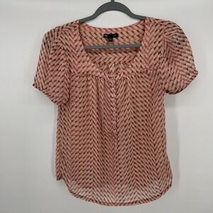 Gap Blouse Women Small Pink Brown Chevron Short Sleeve Button Front Scoop Neck